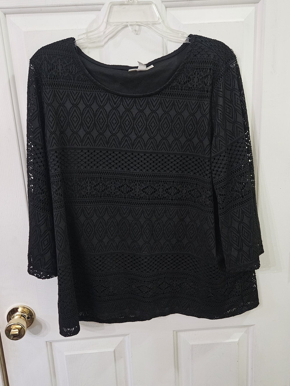 Dana Buchman Women's Black Lace Sheer Geometric 3/4 Sleeve Top XL